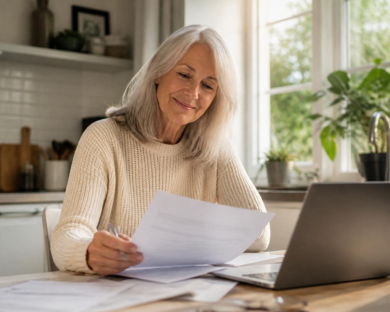 An older adult reviewing paperwork calmly at home